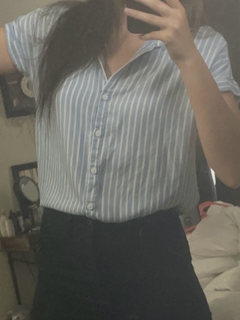 beachlunchlounge Light Blue and White Striped Short Sleeve Button-Down